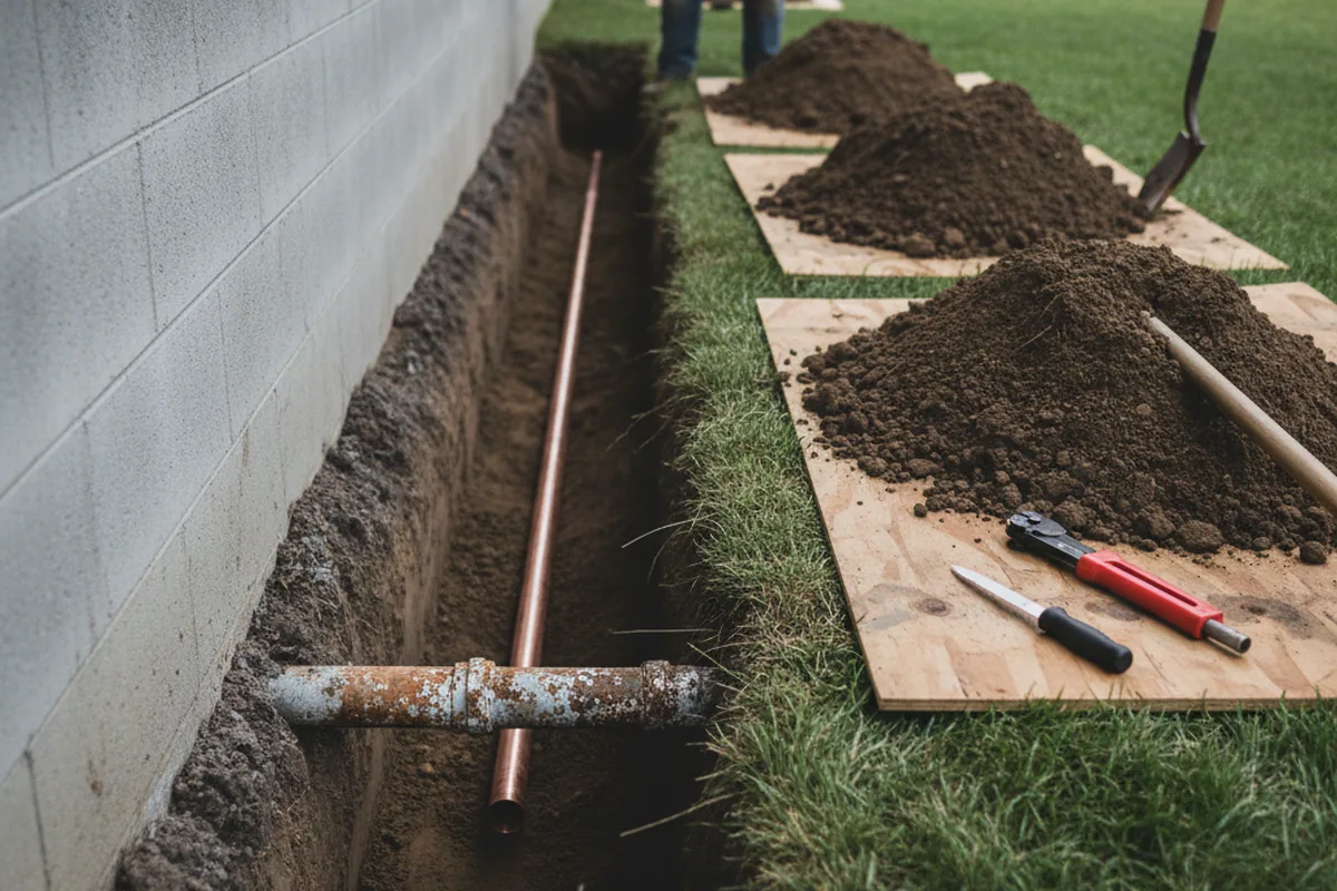 Excavated water line trench during Water Softener Installation in Valentine